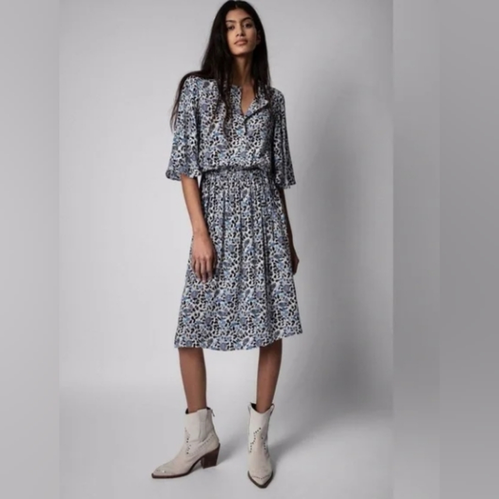 Zadig & Voltaire Blue and Black Patterned Rhone Soft flowers Block Midi Dress